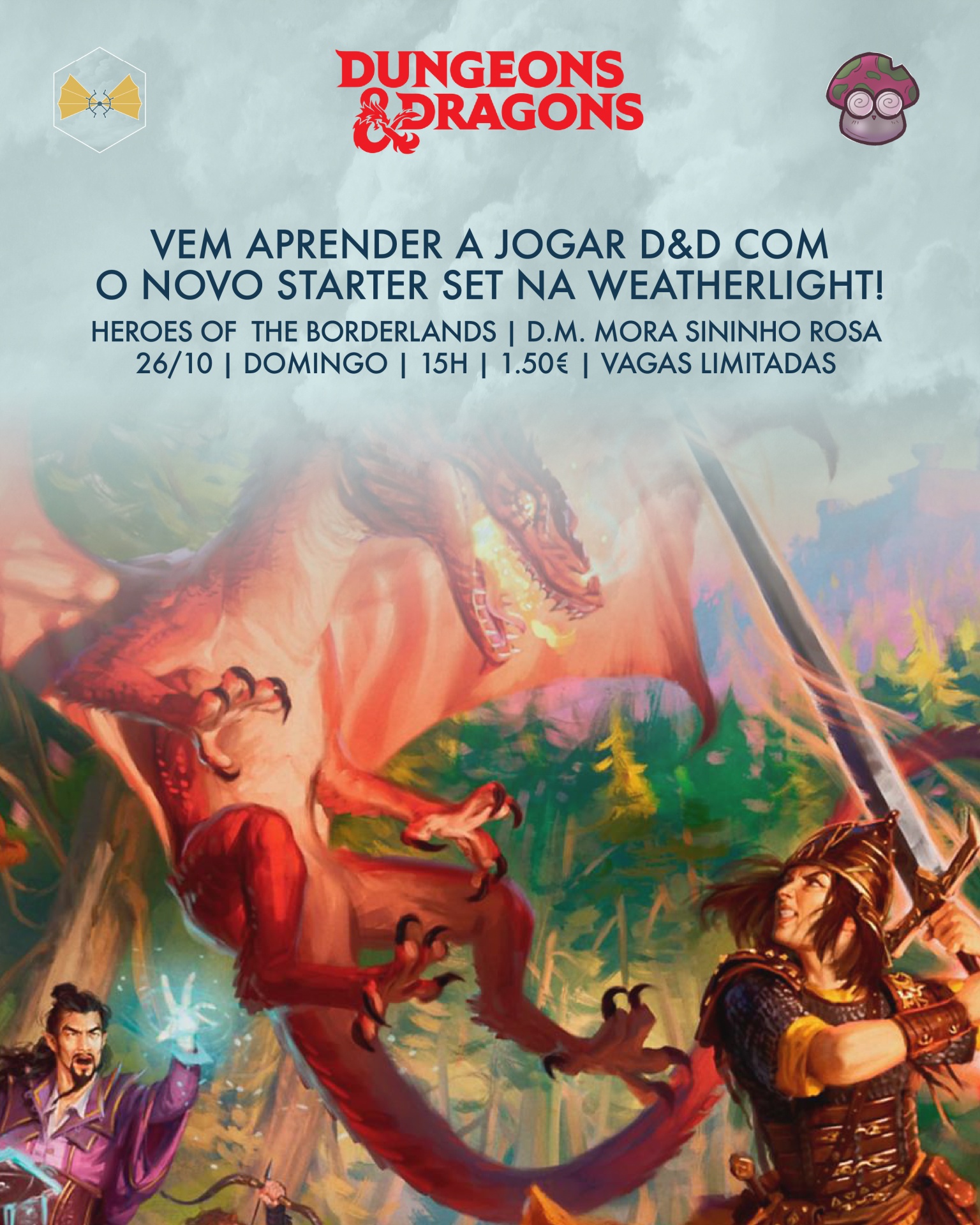 Pôster de Dungeons & Dragons com dragão vermelho, guerreiro, mago e texto em português