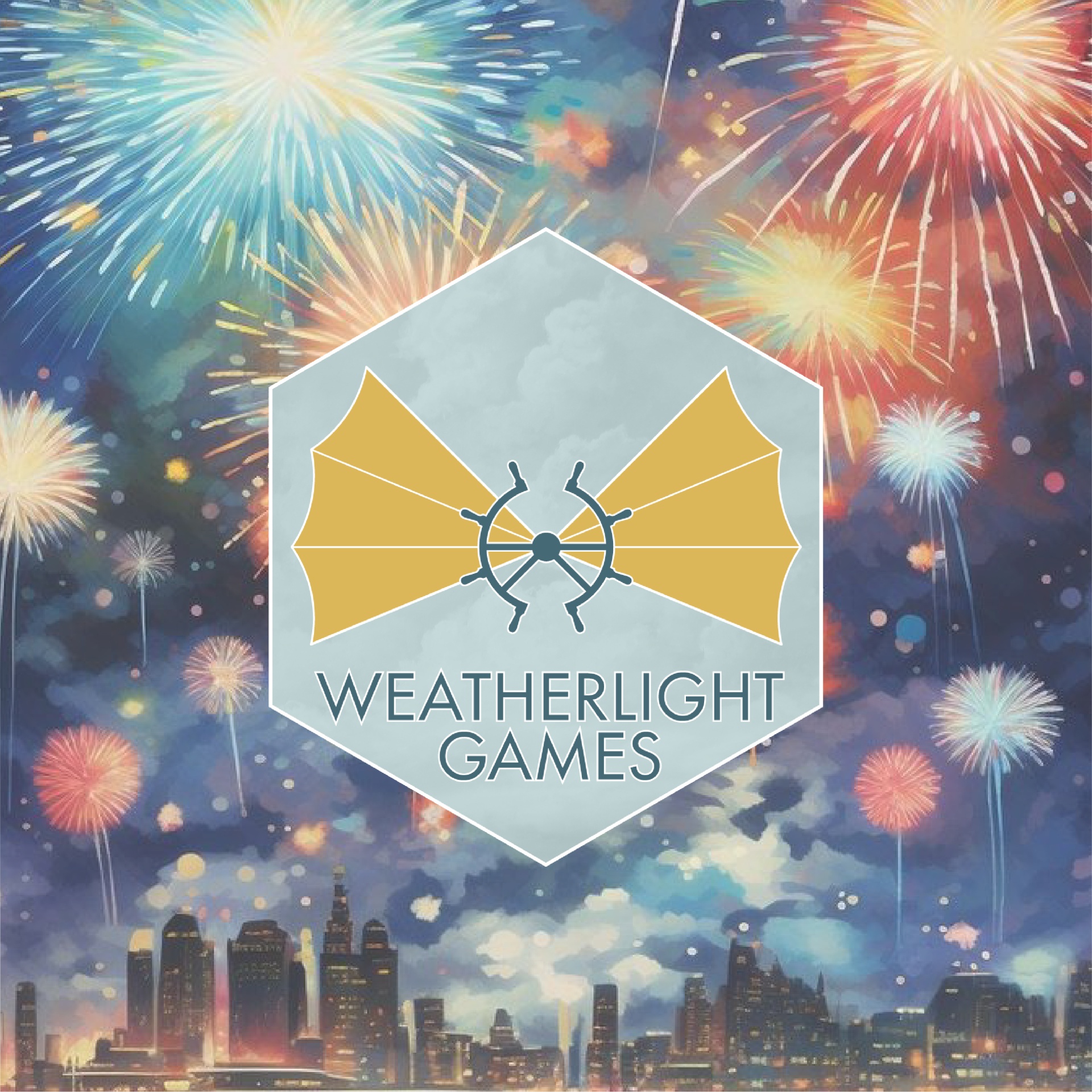 Fogos de artifício coloridos no céu noturno com logotipo central de Weatherlight Games