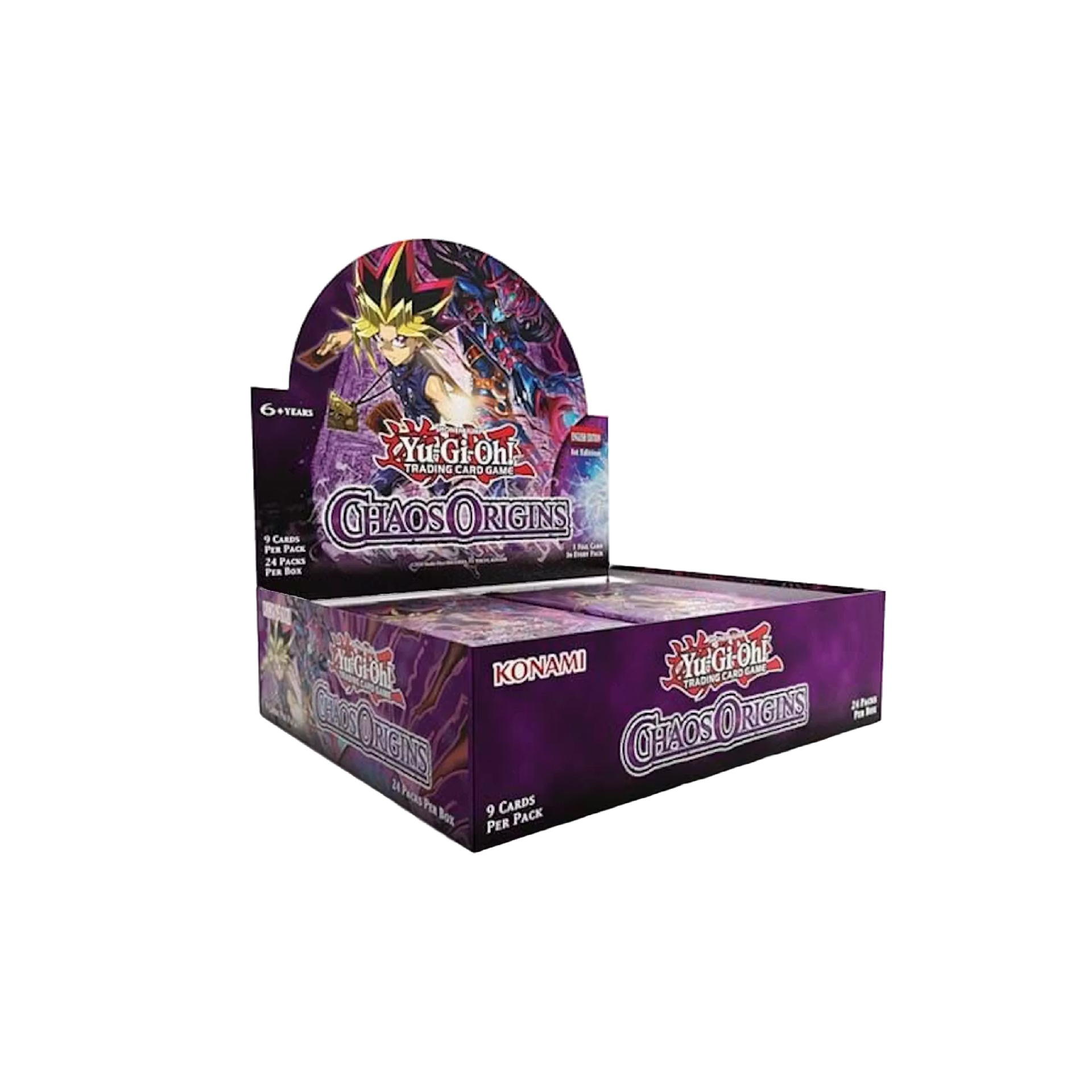 Yu-Gi-Oh! TCG: Chaos Origins - Booster Box - EN Expositor roxo de cartão de jogo Yu-Gi-Oh! Chaos Origins com personagens e texto