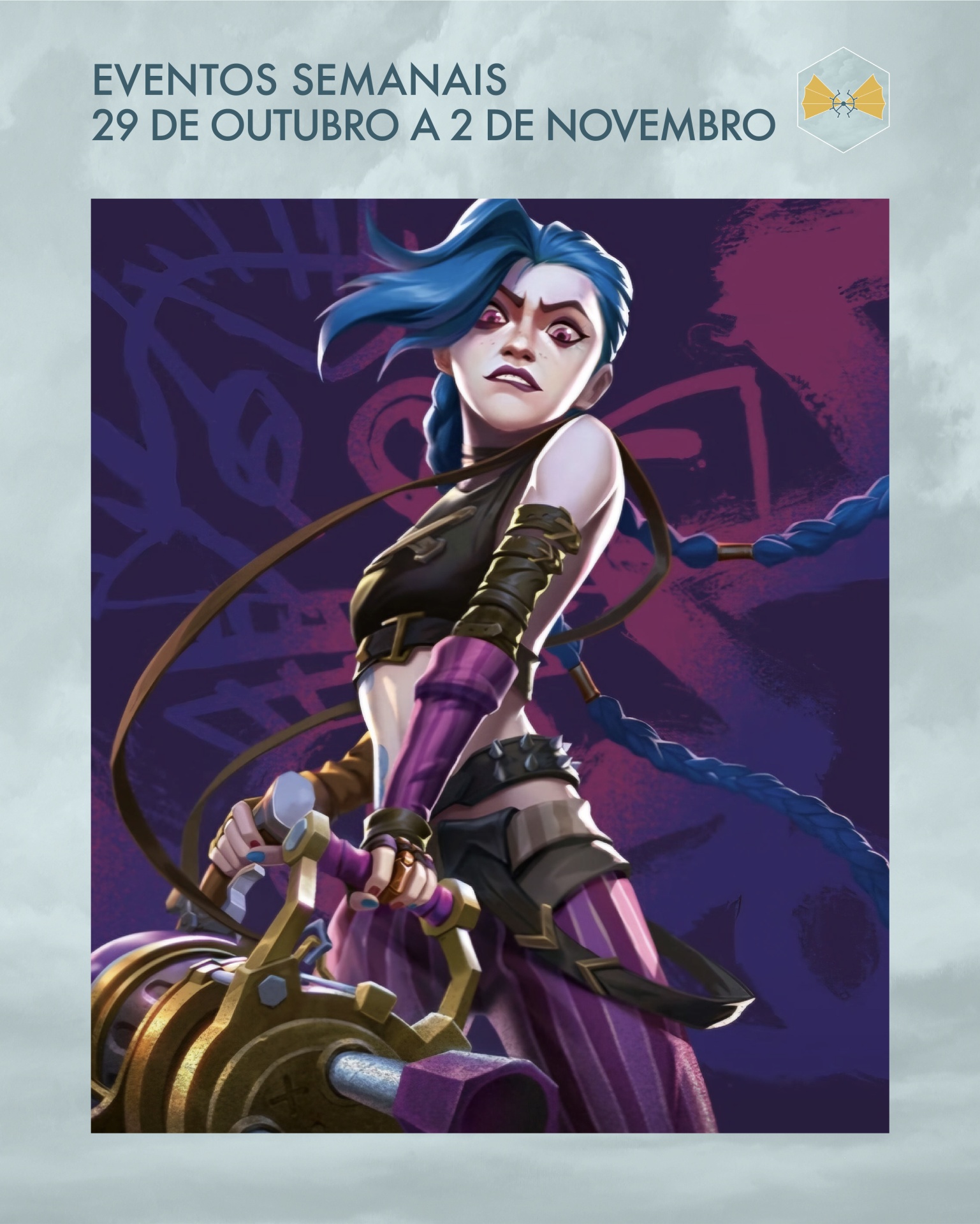Personagem animada feminina com cabelo azul, roupa preta e roxa, segurando arma metálica, texto promocional de eventos semanais