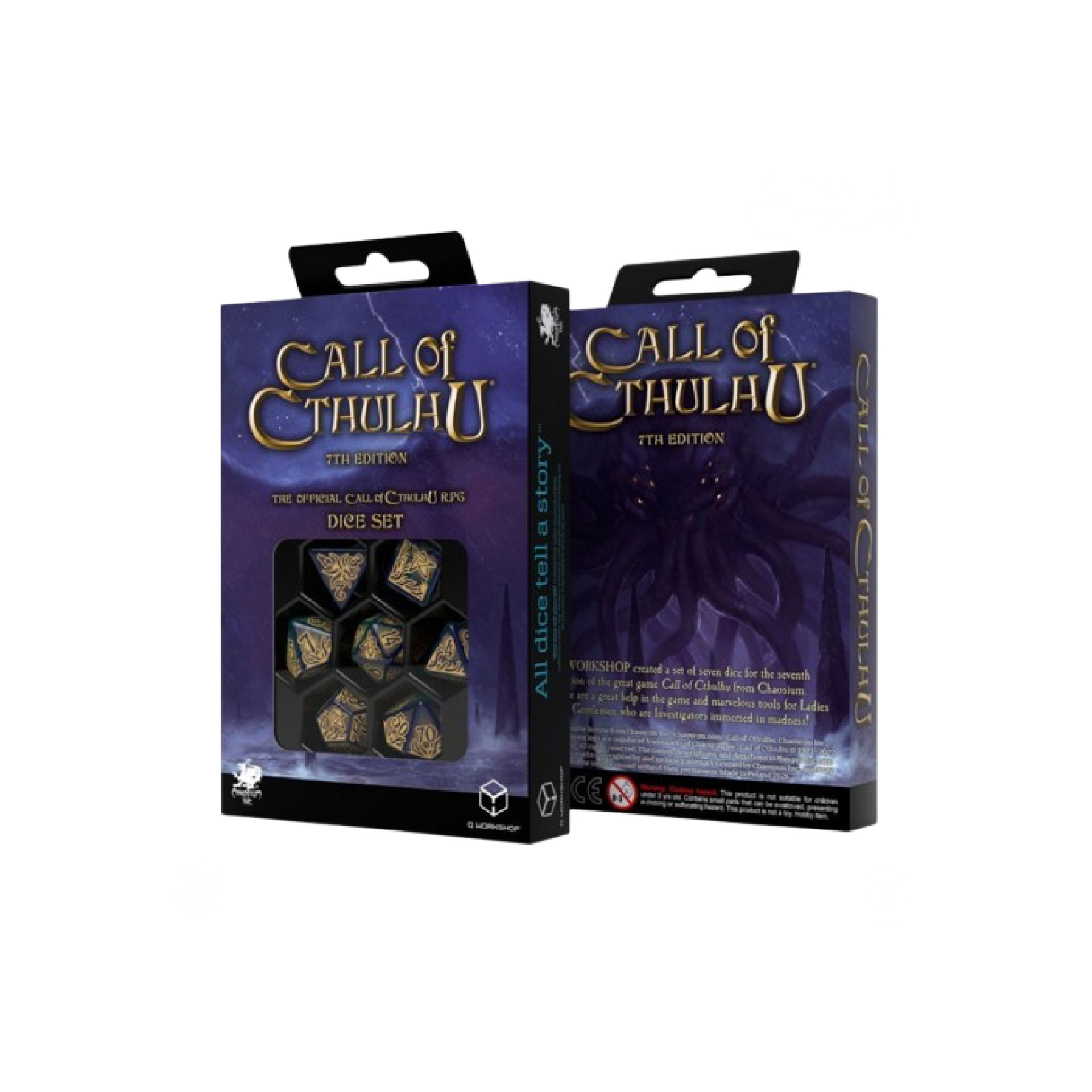 Q-Workshop - Dice Set - Call of Cthulhu 7th Edition - Blue-green & Gold (7pcs) Conjunto de dados do jogo Call of Cthulhu 7th Edition em caixa azul escuro com texto dourado