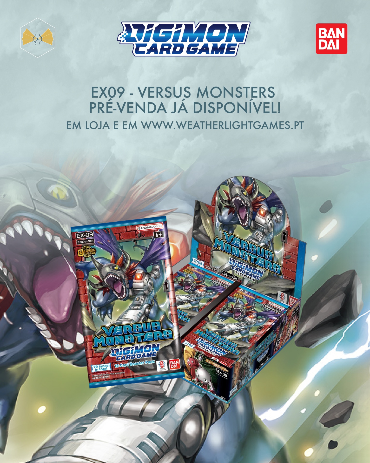 Promoção do pacote de cartas Digimon EX09 Versus Monsters com criatura metálica e texto de pré-venda