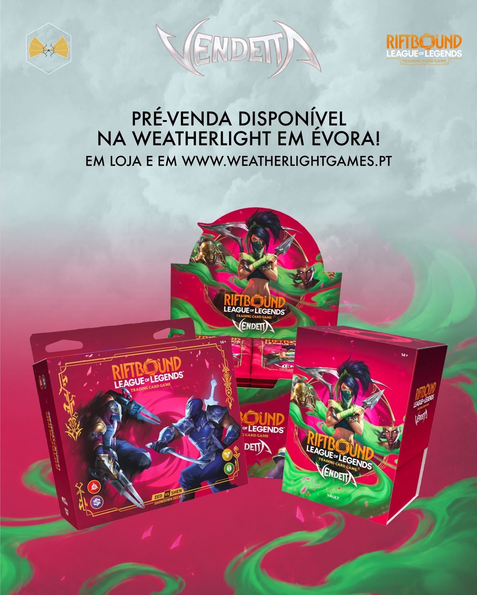 Embalagens de cartas colecionáveis Riftbound League of Legends Vendetta com texto de pré-venda disponível em Évora