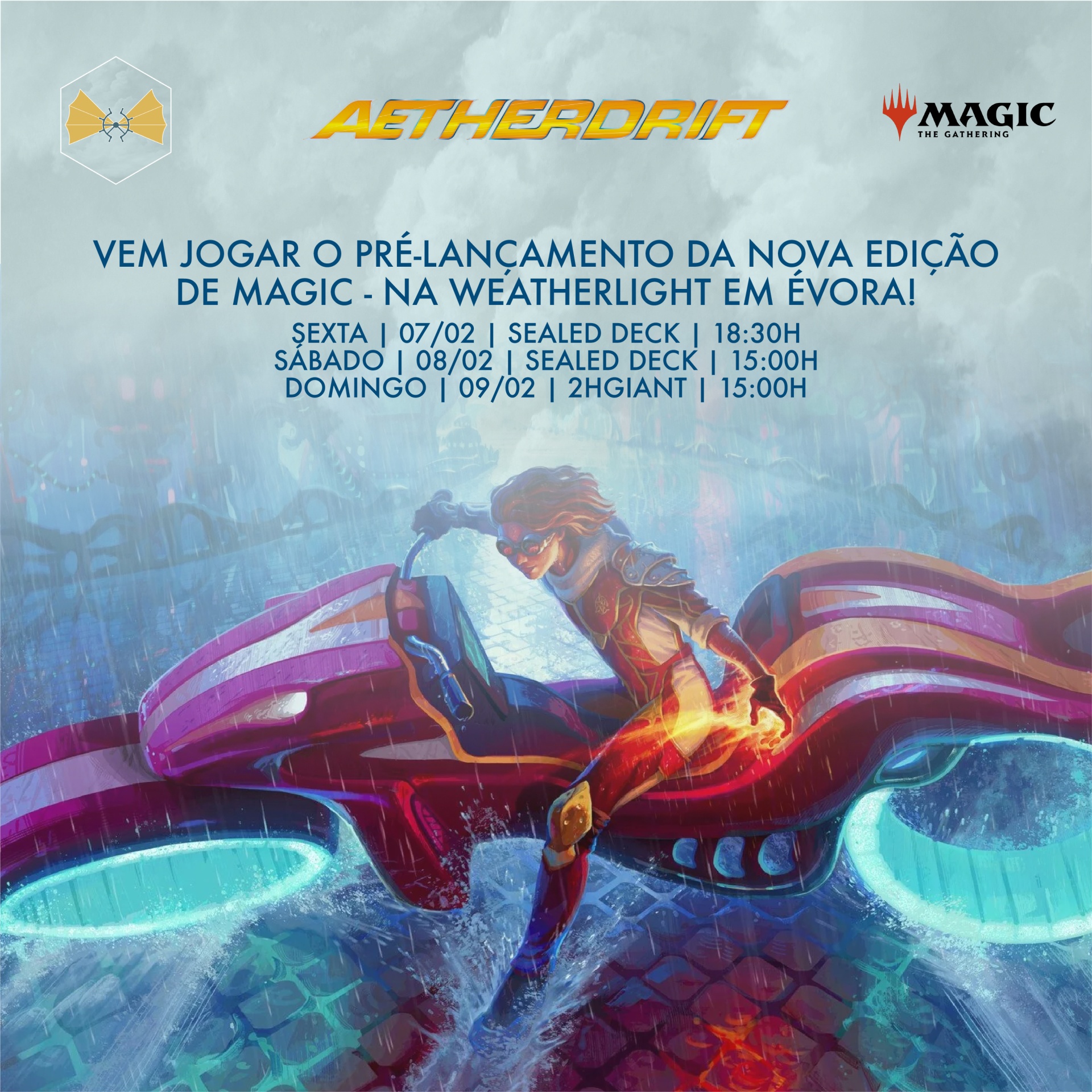 Promoção Magic The Gathering Aetherdrift com mota voadora cor-de-rosa e texto em português