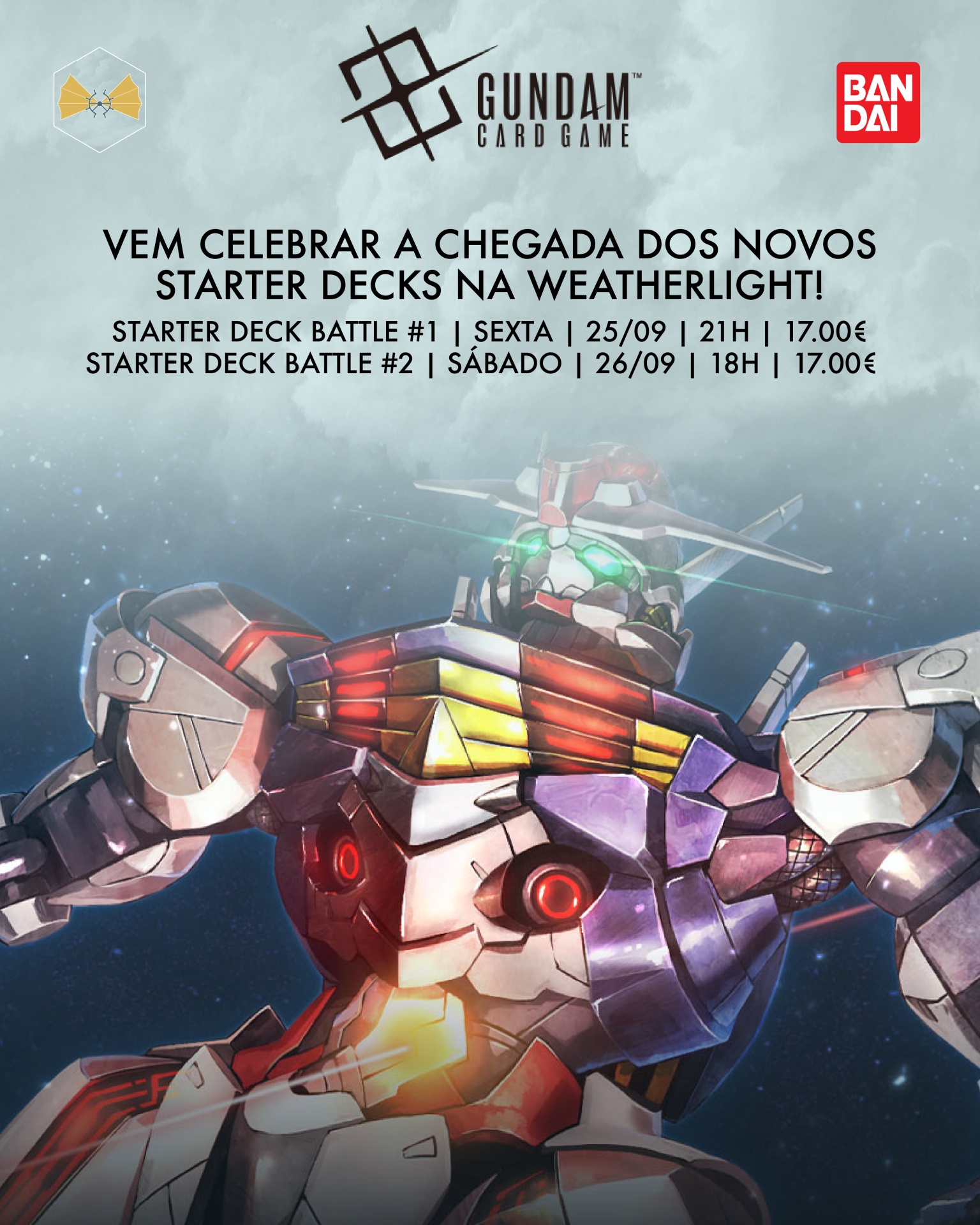 Robô Gundam colorido com texto promocional em português sobre evento Starter Deck