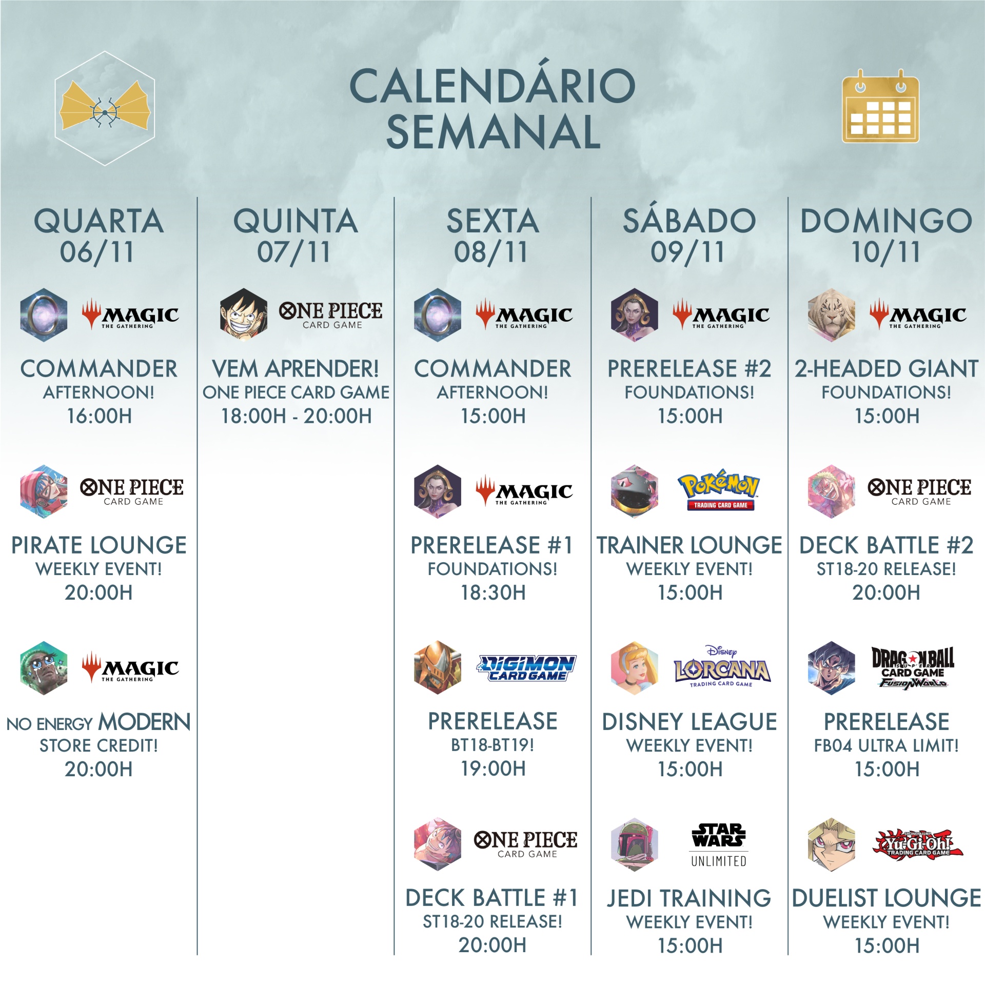 Calendário semanal de eventos de jogos com datas e horários em português