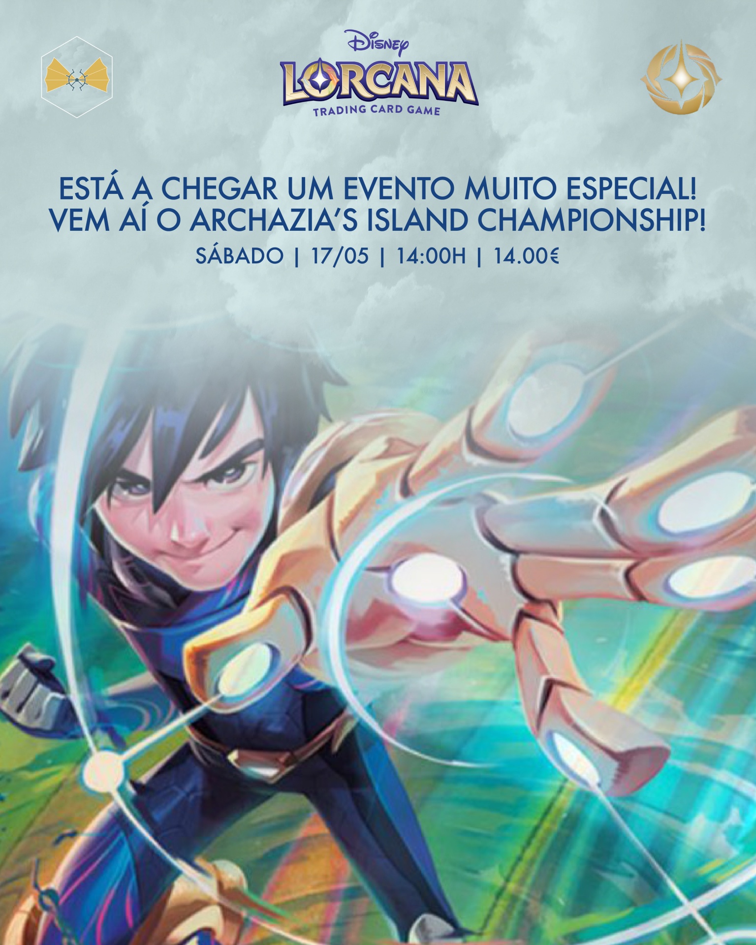Promoção evento jogo cartas Disney Lorcana com personagem de armadura dourada e azul