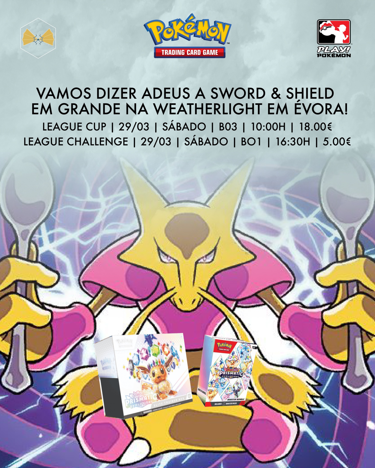 Cartaz do jogo de cartas Pokémon com Pokémon Alakazam e texto de evento em Évora