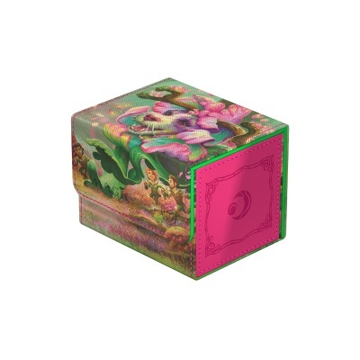 Estojo retangular colorido com estampa fantástica e aba rosa com símbolo decorativo