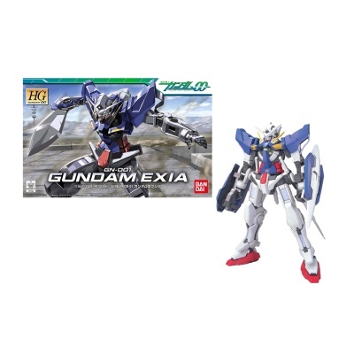 Miniatura Gundam Exia GN-001 azul, branca e vermelha com espada e escudo e caixa do modelo 1/144 da Bandai