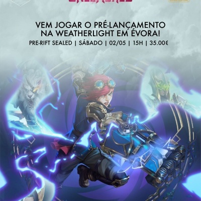 Anúncio de pré-lançamento do jogo de cartas League of Legends com texto e personagens ilustrados coloridos