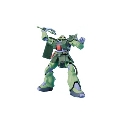 Figura robótica de ação verde com arma e escudo.