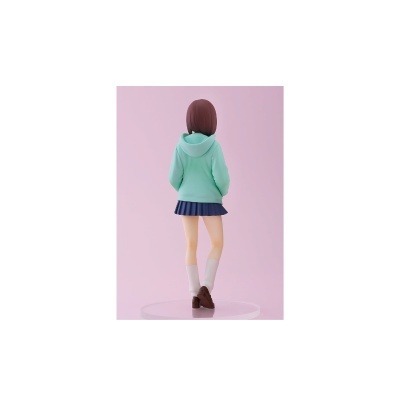 Figura de menina de costas com casaco verde água e saia azul escura