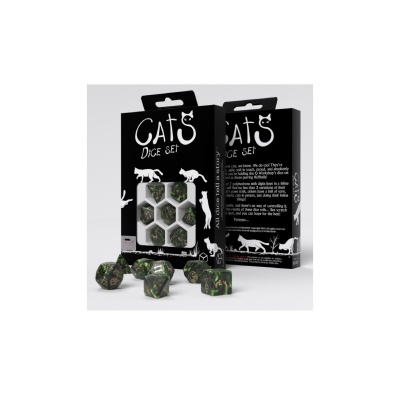 Conjunto de dados Cats Dice Set com dados verdes e embalagem preta com texto branco e silhuetas de gatos