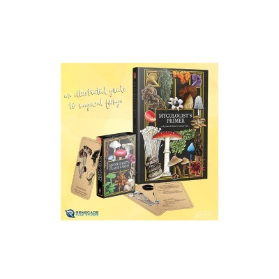 Caixa e cartões de jogo Mycologists Primer com ilustrações de cogumelos coloridos sobre fundo amarelo.