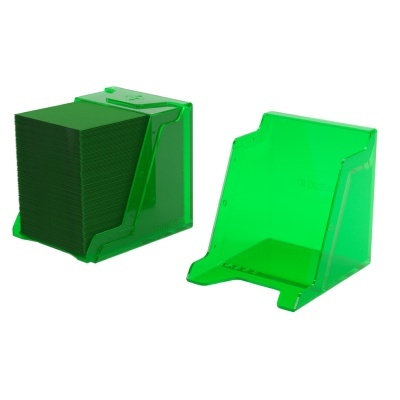 Suportes verdes translúcidos para cartas, um com cartas pretas e outro vazio