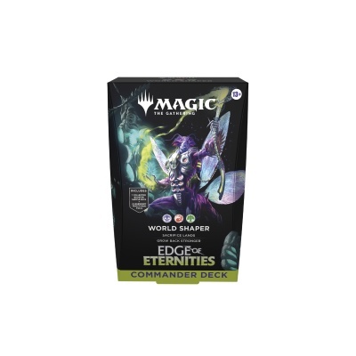 Caixa preta do jogo Magic The Gathering com ilustração de personagem de fantasia e textos promocionais