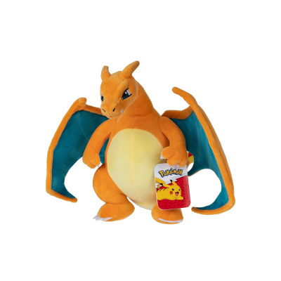 Peluche de Charizard alaranjado com asas azuis e cartão Pokémon