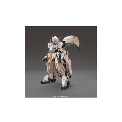 Figura robô articulada de cores bege, branco, preto e laranja com fundo cinzento