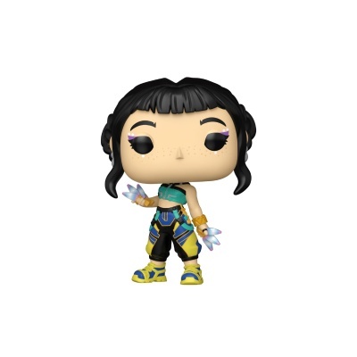 Figura Funko Pop personagem feminina cabelo preto roupa desportiva colorida