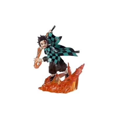 Figura de ação de personagem masculino com casaco xadrez verde e preto e katana com chamas