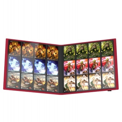 Álbum aberto com cartões colecionáveis ilustrados em várias cores