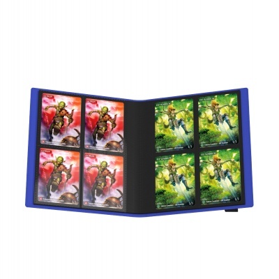 Estojo azul aberto com cartas colecionáveis coloridas visíveis.