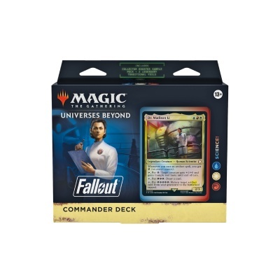 Pack Magic The Gathering Universes Beyond Fallout Commander Deck com carta Dr. Madison Li visível