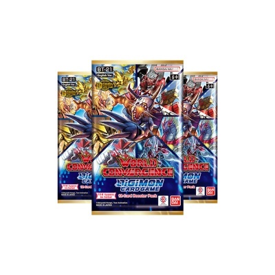 Pacote de cartas Digimon Cardgame World Convergence com ilustração colorida em fundo branco