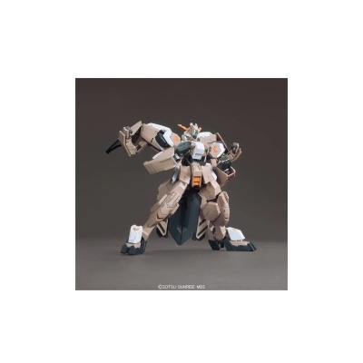 Figura robô articulado bege e branco com detalhes laranja e preto sobre base preta