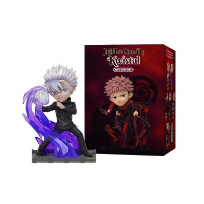 Figura colecionável de personagem de anime Jujutsu Kaisen com efeito roxo e caixa vermelha