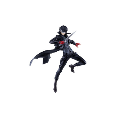 Figura colecionável de personagem com casaco preto, máscara branca e espada prateada
