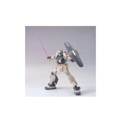 Figura articulada de robô mecha cinzento com espada rosa e escudo azul escuro