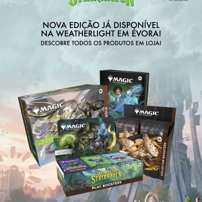 Produtos Magic The Gathering coleção Secrets of Strixhaven em fundo de paisagem fantástica com texto promocional em português.