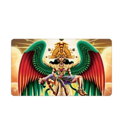 Placa retangular colorida com figura estilizada com asas verdes e vermelhas e fundo amarelo