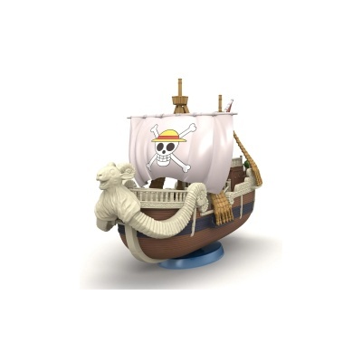 Miniatura de navio pirata com vela branca e símbolo de caveira