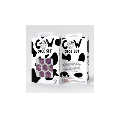 Conjunto de dados Cow Dice Set com desenho em pele de vaca e sete dados roxos com números em rosa na caixa