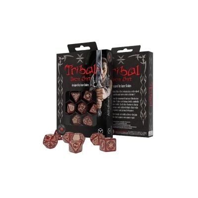 Conjunto de dados RPG tribais castanhos e dourados em caixa preta com arte e textos