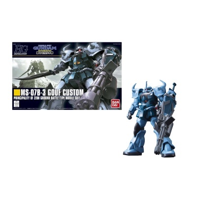 Modelo azul de robô MS-07B-3 Gouf Custom e caixa do produto Bandai