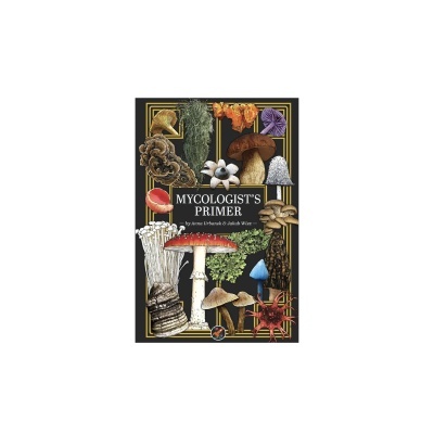 Capa de livro preto com ilustrações de cogumelos e texto MYCOLOGISTS PRIMER