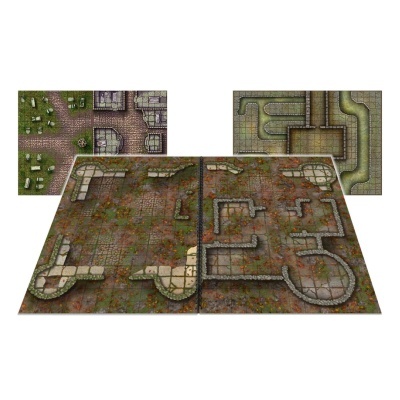 Mapas tabulares de jogos de fantasia com cenários urbanos e naturais em tons de verde e castanho