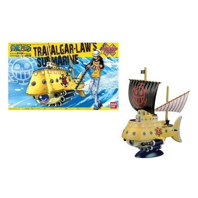 Modelo colecionável do submarino Trafalgar-Law's com vela preta e caixa azul e amarela