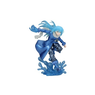 Figura anime personagem com cabelo azul, casaco azul e base azul simulando água