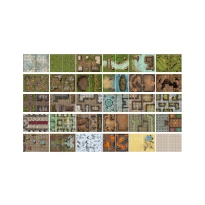 Tiles diversas para jogos com terrenos, construções e rios em grelha.