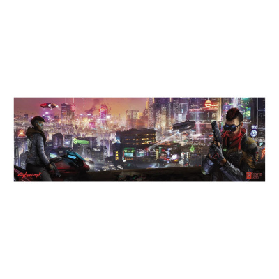 Dois personagens estilo cyberpunk em cenário urbano futurista com arranha-céus e veículos voadores