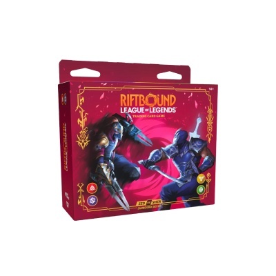 Embalagem de jogo de cartas Riftbound League of Legends com personagens em confronto