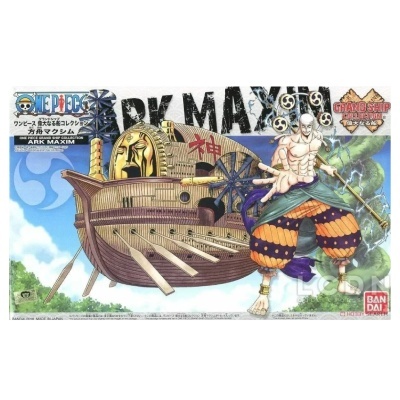 Embalagem do brinquedo One Piece Ark Maxim com ilustração de navio e personagem