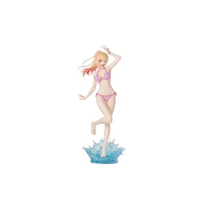Figura decorativa anime feminina em bikini rosa com base de água azul.