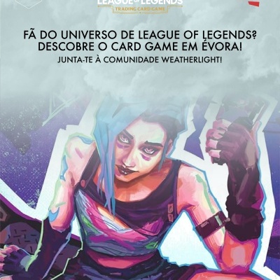 Promoção do Card Game Riftbound League of Legends com personagem ilustrado e texto em português