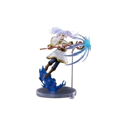 Figura colecionável de personagem feminina com vestido branco e detalhes dourados, segurando um cajado com efeito azul